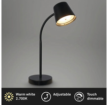 Schwarze, dimmbare Tischleuchte mit warmweissem Licht und verstellbarem Arm.