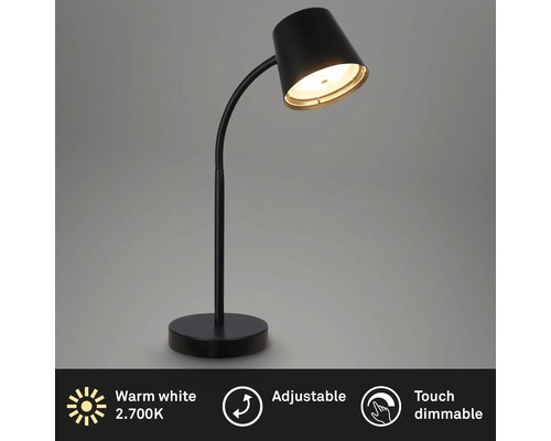 Schwarze, dimmbare Tischleuchte mit warmweissem Licht und verstellbarem Arm.