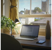 Schreibtisch mit Laptop, Lampe, Pflanze, Handy und Trinkflasche vor einem Fenster mit Blick auf eine Stadt.