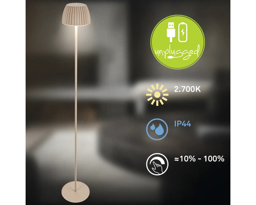 Stehleuchte mit Unplugged Symbol, Farbtemperatur 2700 Kelvin, Schutzart IP44 und Dimmfunktion von circa 10 bis 100 Prozent