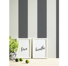 Dekorative Szene mit gestreifter Tapete, Topfpflanze, zwei gerahmten Drucken mit den Wörtern Liebe und Atmen und drei Limetten.