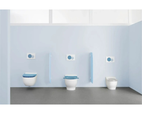 Badezimmer mit drei Toiletten und Betätigungsplatten