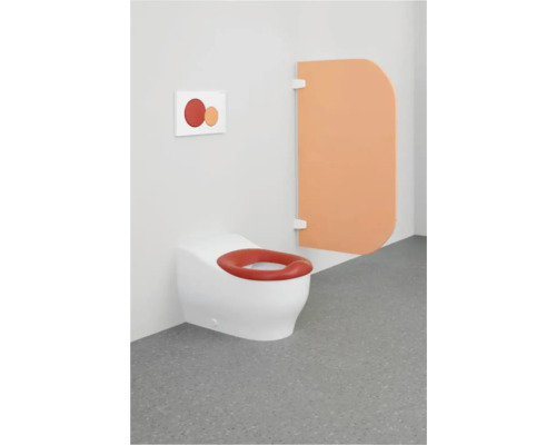 Weißes Kinder-WC mit rotem Sitz und orangefarbenem Spritzschutz