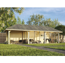Gartenhaus aus Holz mit Glasfront und Schindeldeckung im Garten.