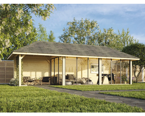 Gartenhaus aus Holz mit Glasfront und Schindeldeckung im Garten.