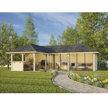 Holz Gartenhaus mit Grillbereich und Sitzgelegenheit auf Rasen