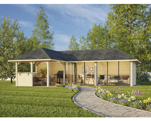 Holz Gartenhaus mit Grillbereich und Sitzgelegenheit auf Rasen