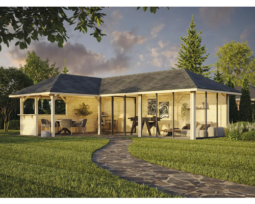 Holzpavillon mit Gartenmöbeln und Grill auf einer Rasenfläche