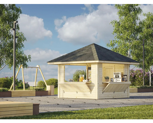 Helles Holz Gartenhaus mit Dach und Verkaufstresen in Parkanlage