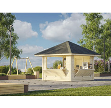 Holzkiosk mit Verkaufsklappe und Schindeldach in einem Park