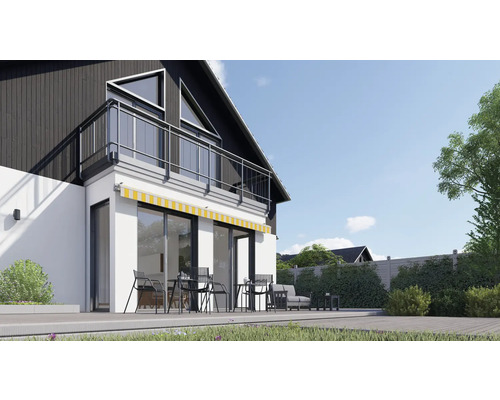 Modernes Haus mit Terrasse, Gartenmöbeln und Markise