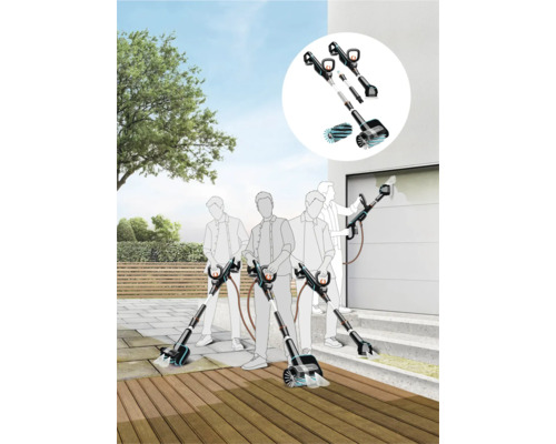 Illustration einer elektrischen Bürste für Terrassen- und Fassadenreinigung im Außenbereich.