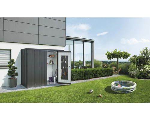 Geräteschrank Biohort Gr. 230 227x83 cm dunkelgrau-metallic Metall Gartenschrank mit Regalen und Werkzeughalter im Garten