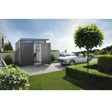 Gartenszene mit Gerätehaus, Oldtimer und Person bei der Autopflege