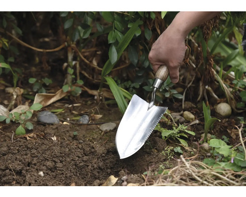 Gärtner pflanzt mit einer Pflanzkelle im Garten.