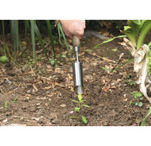 Person pflanzt Setzling mit einem Pflanzenholz in den Boden.