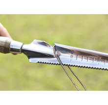 Gartengerät mit Holzgriff und Klinge aus Edelstahl mit Tiefenskala