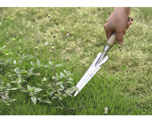 Nahaufnahme einer Hand, die einen Unkrautstecher im Gras hält
