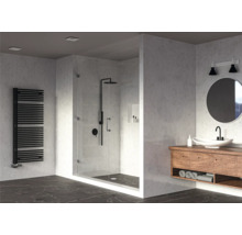 Badezimmer mit Dusche, Waschtisch und Heizkörper