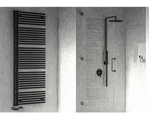 Rotheigner Designheizkörper PIPE 1415 x 496 mm schwarz matt Anschluss Einseitig unten Modernes Badezimmer mit schwarzem Handtuchwärmer, Dusche und Armaturen