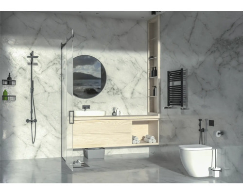 Modernes Badezimmer mit Dusche, Waschtisch, Spiegel und Toilette vor Marmorwand