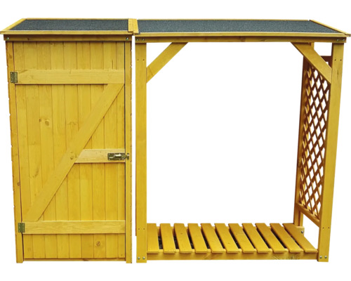 Holzlager mit Tür und Rankgitter für den Garten