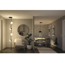 Wohnraum mit Stehlampe, Sessel, Spiegel und Esstisch