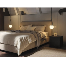 Schlafzimmer mit Doppelbett, Nachttisch und Pendelleuchten