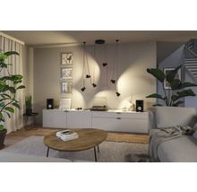 Wohnzimmer mit Pendelleuchte, Schallplattenspieler und Zimmerpflanzen für eine gemütliche Atmosphäre.