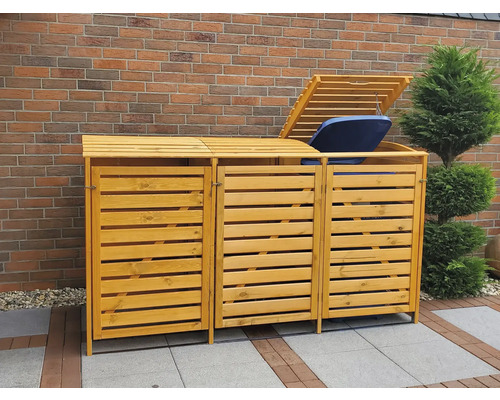 Mülltonnenbox aus Holz für drei Mülltonnen im Garten