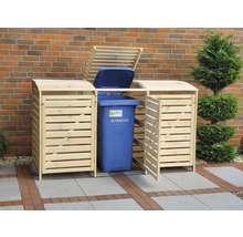 Mülltonnenbox aus Holz für drei Mülltonnen mit geöffnetem Deckel und geöffneter Tür