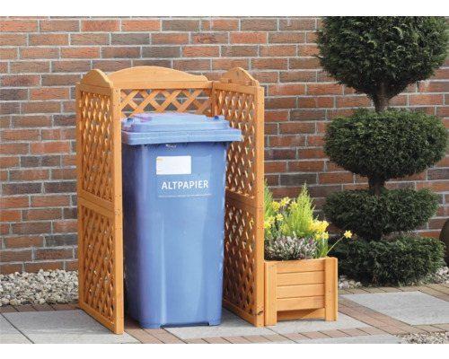 Mülltonnenbox aus Holz mit blauer Papiermülltonne und Blumenkasten