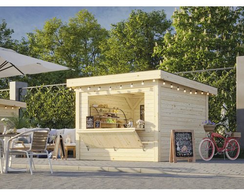 Holz Kiosk mit Beleuchtung, Speisen und Getränken, neben einem Fahrrad