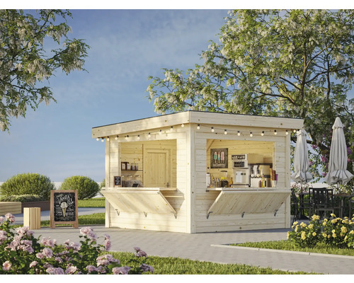 Holzverkaufsstand mit herunterklappbaren Theken in Gartenumgebung.