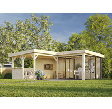 Holzgartenhaus mit Terrasse und Glasfront im Garten