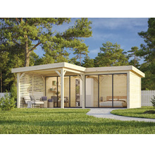 Modernes Gartenhaus mit Terrasse und Schlafbereich in naturnaher Umgebung