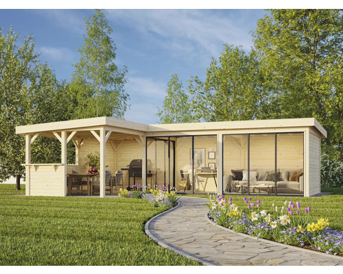 Gartenhaus mit Terrasse und Glasschiebetüren auf Rasenfläche