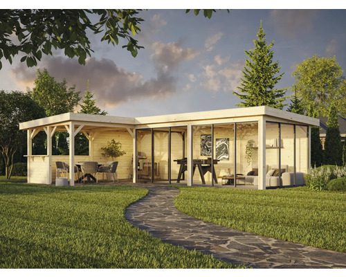 Helles Gartenhaus mit Terrasse, Möbeln und Glasfronten auf Rasenfläche
