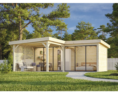 Holzgartenhaus mit Terrasse und Glasschiebetüren im Garten