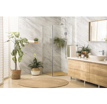 Modernes Badezimmer mit Dusche, Waschtisch, Spiegel und Pflanzen für eine natürliche Atmosphäre.