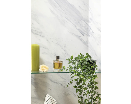 Badezimmerstillleben mit Kerze, Duft, Dekorationen und Zimmerpflanze auf Glasablage vor Marmorwand