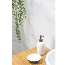 Badezimmer Szene mit Seifenspender und Seifenablage auf einem Holztisch