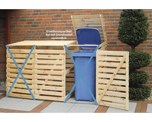 Mülltonnenbox Erweiterungsmodul aus Holz mit geöffneter Tür und Mülltonne