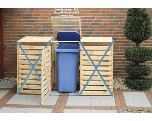 Mülltonnenbox Erweiterung aus Holz mit einer blauen Mülltonne