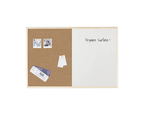 Kombination aus Korktafel und Whiteboard mit trocken abwischbarer Oberfläche im Holzrahmen