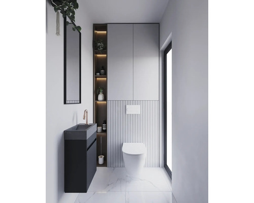 Modernes Badezimmer mit Waschtisch, Toilette und Stauraum