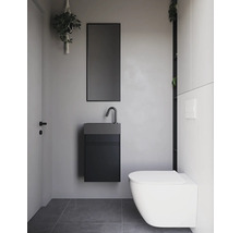 Modernes Badezimmer mit Toilette, Waschbecken, Spiegel und Hängepflanze