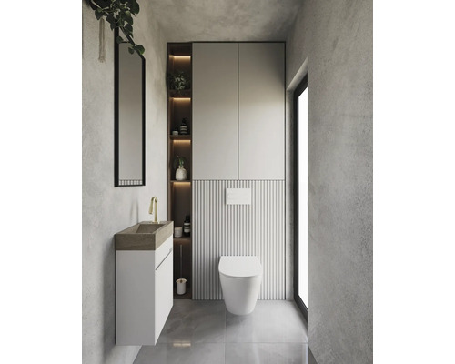 Modernes Badezimmer mit Waschtisch, Toilette, Spiegel und Stauraum