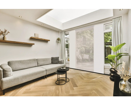 Wohnzimmer mit Sofa, Holzregalen und Tageslicht