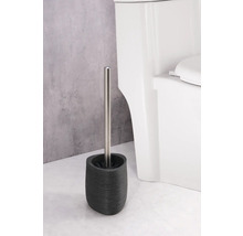 Toilettenbürste mit Halter aus Steinzeug und Edelstahlstiel neben einer Toilette